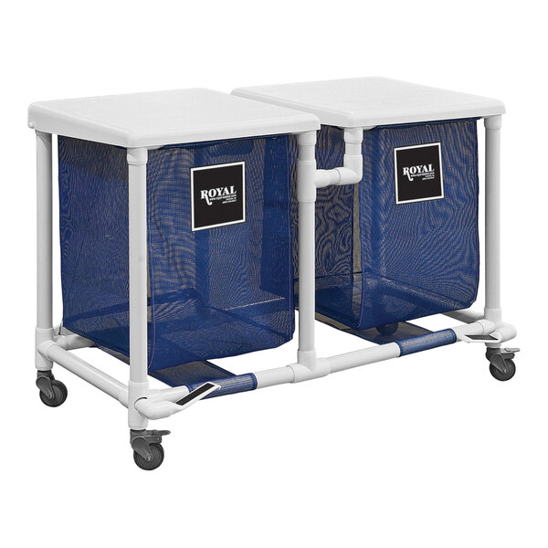 A blue Royal Basket Trucks double laundry hamper on wheels with two compartments.