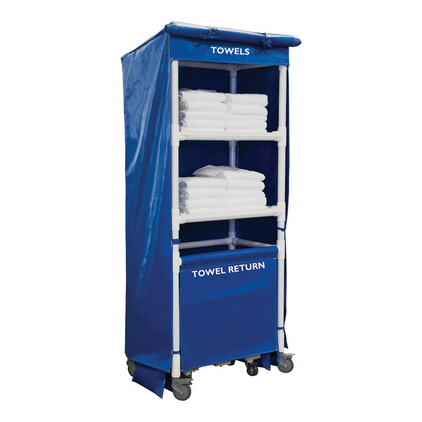A blue Royal Basket Trucks rolling cart with white towels on it.