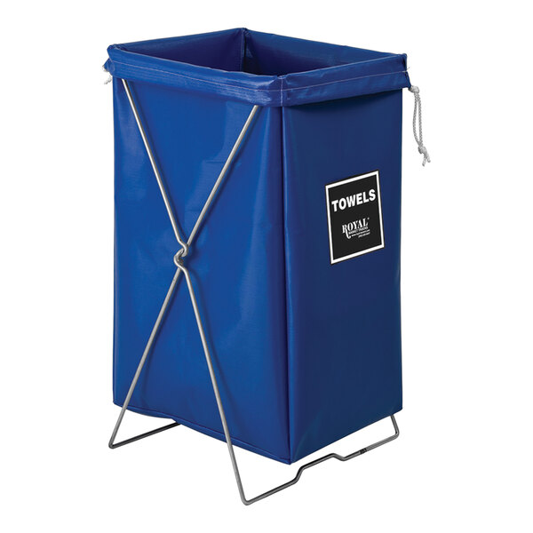 A blue Royal Basket laundry basket with a white label on a metal stand.