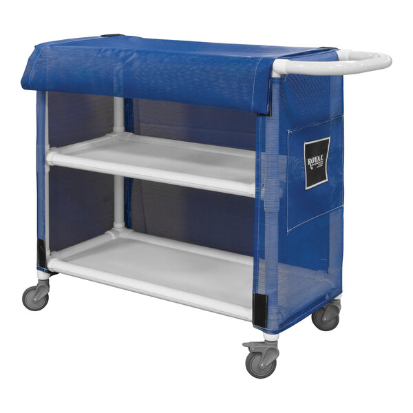 A blue Royal Basket Trucks linen cart with a white cover.
