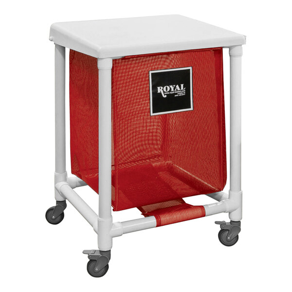 A red and white laundry cart with a red mesh basket.