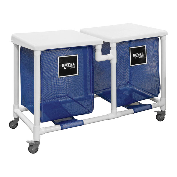 A Royal Basket Trucks blue double compartment hamper with two blue bins on wheels.