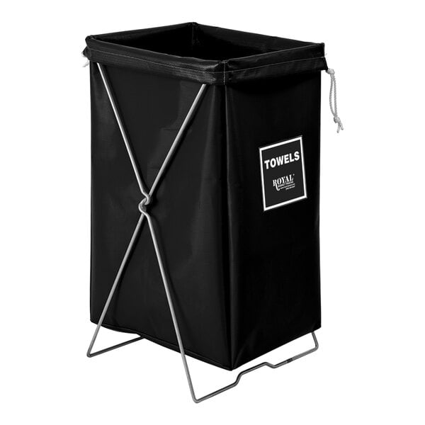A black Royal Basket Trucks laundry basket with a white label on the front and a handle.