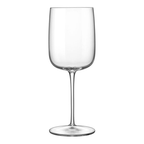A clear Luigi Bormioli Vinalia wine glass with a long stem.