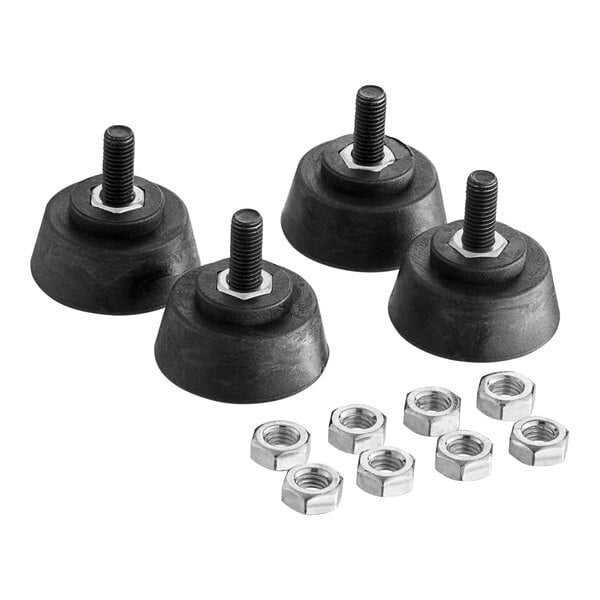 A pack of four Estella black rubber feet with nuts and bolts.