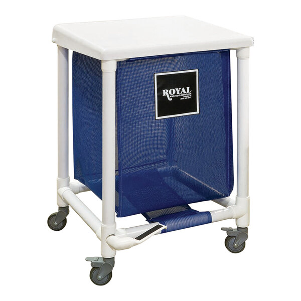 A blue and white Royal Basket laundry hamper on wheels.