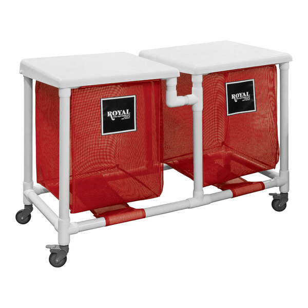A Royal Basket Trucks red double laundry hamper with two compartments.