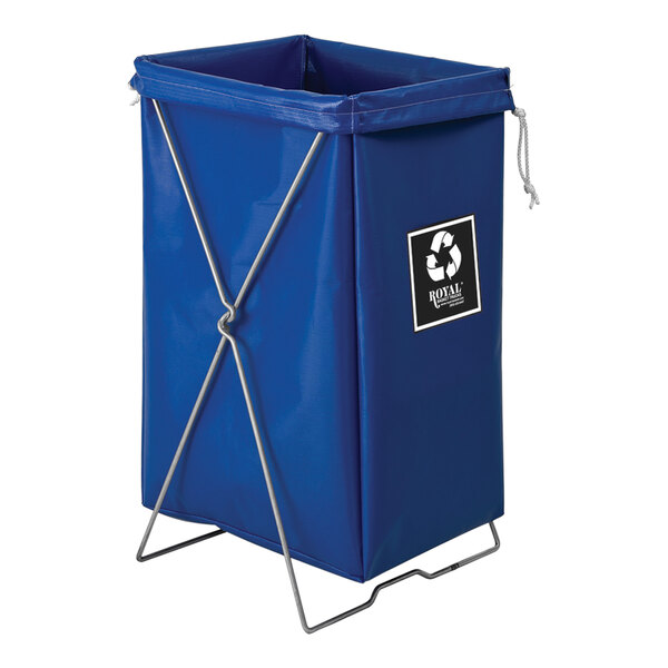 A blue Royal Basket Trucks recycle bin with a white logo.