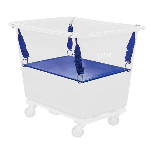 A blue Royal Basket Trucks spring lift for a blue plastic cart.