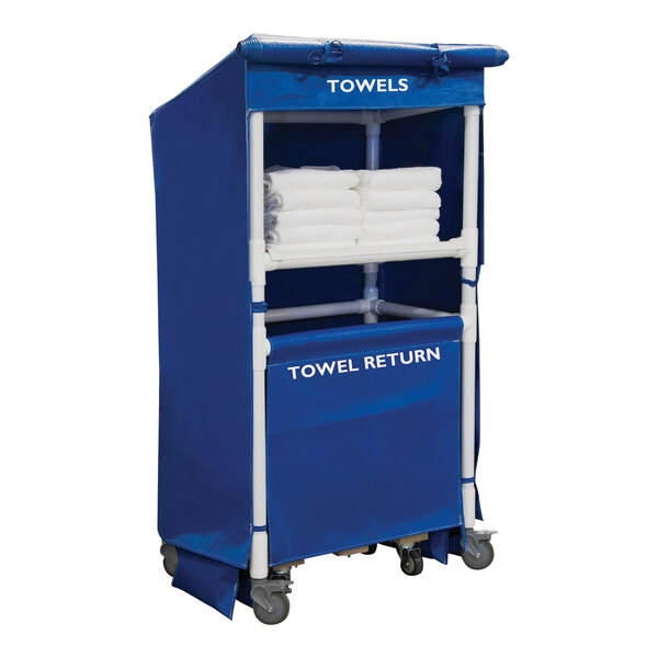 A blue laundry cart with white towels on it.