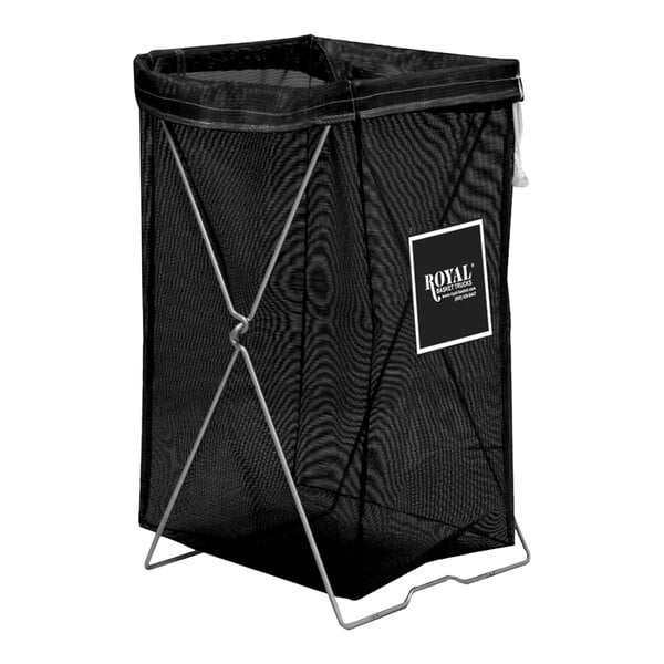 A black mesh Royal Basket Trucks laundry basket with a handle.