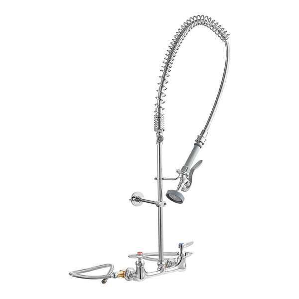 A chrome T&S wall-mounted pre-rinse faucet kit with a hose and sprayer.