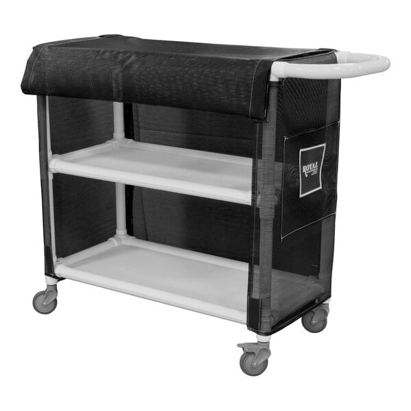 A black Royal Basket Trucks linen cart with white shelves and a white cover.