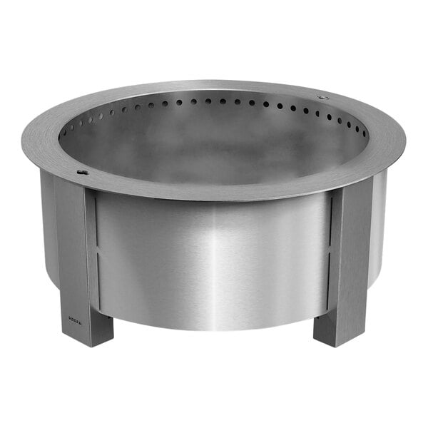 A BREEO stainless steel fire pit bowl with holes in it.