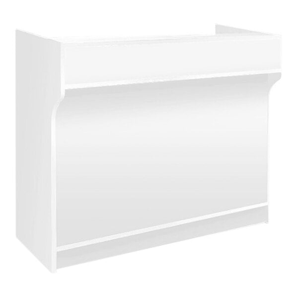 A white rectangular cash wrap counter with a shelf on top.