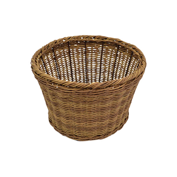 A close-up of a Dalebrook brown melamine willow barrel basket.