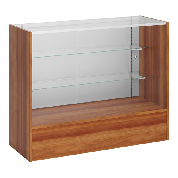 A Cherry Full Vision Display Showcase with wooden shelves and base on a glass shelf.