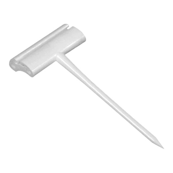 A white plastic tool with a long handle and a point.