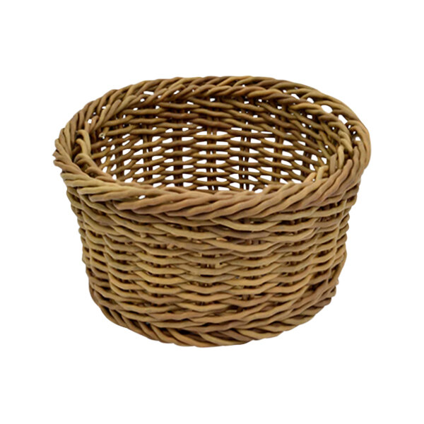 A brown Dalebrook poly wicker basket with a white background.