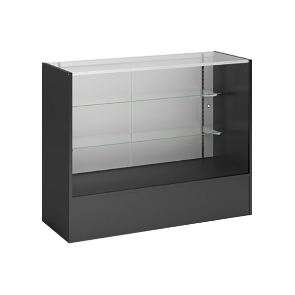 A black full vision display showcase with glass shelves.