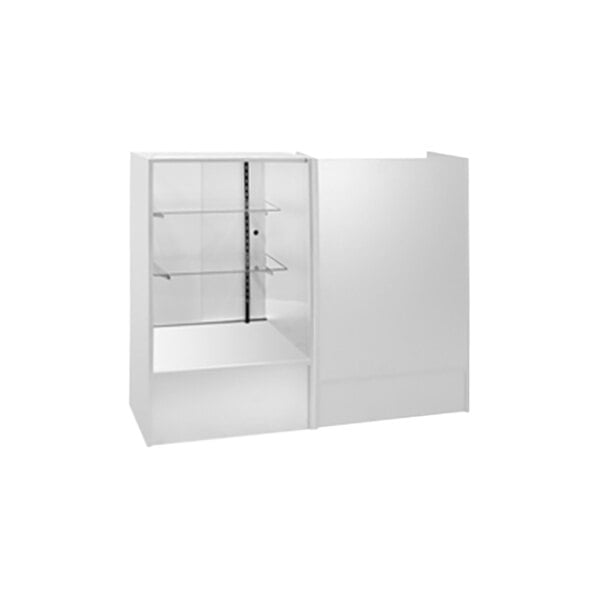 A white cabinet with a glass display shelf and locking drawer.