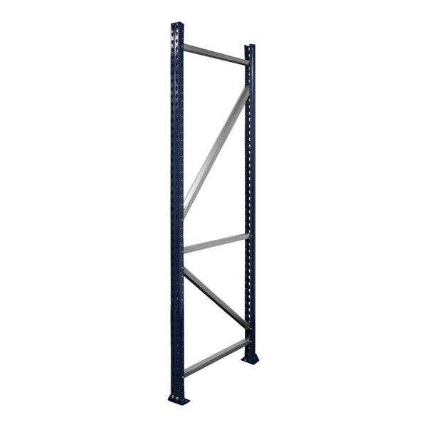 A blue and silver metal Interlake Mecalux pallet rack frame.