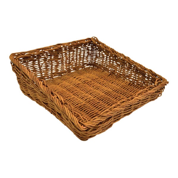A brown Dalebrook melamine willow basket with a handle on a white background.