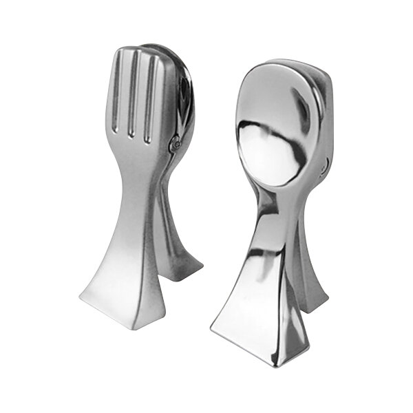 Two silver Dalebrook fork and spoon clamp-style card holders.