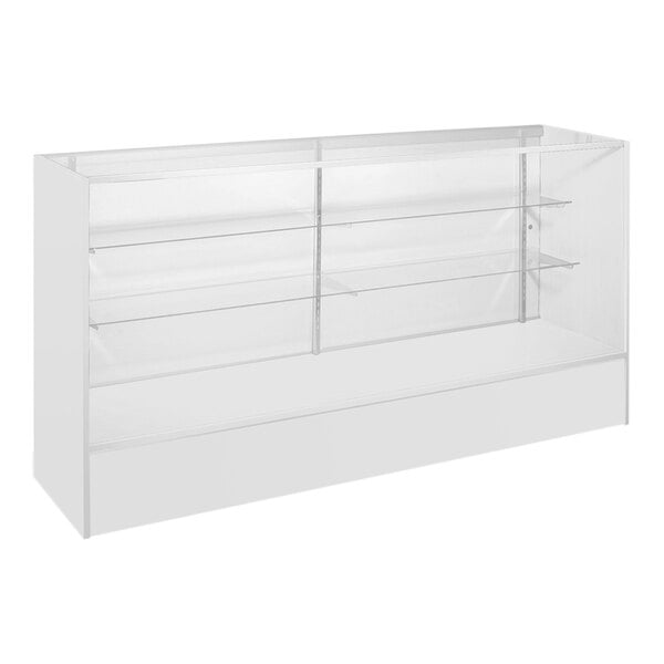 A white full vision display showcase with glass shelves.