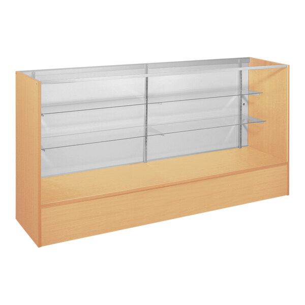 A wooden display case with clear glass shelves.
