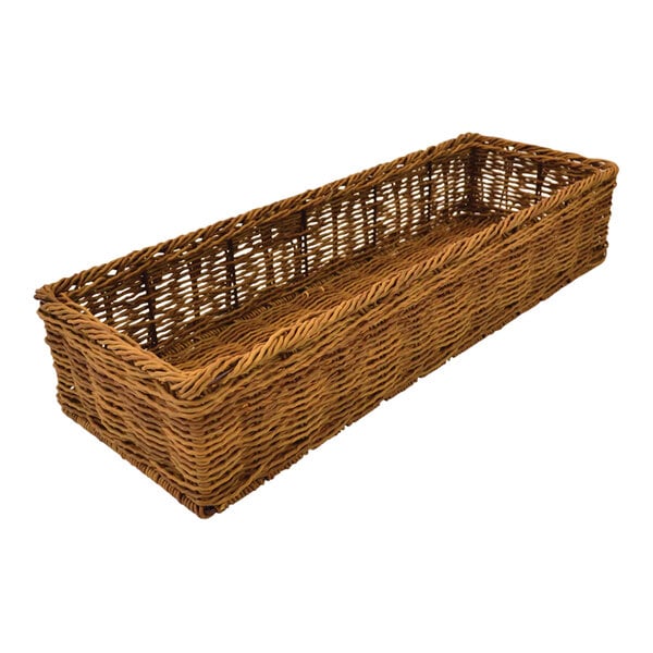 A brown rectangular melamine basket with a wicker design and handles.