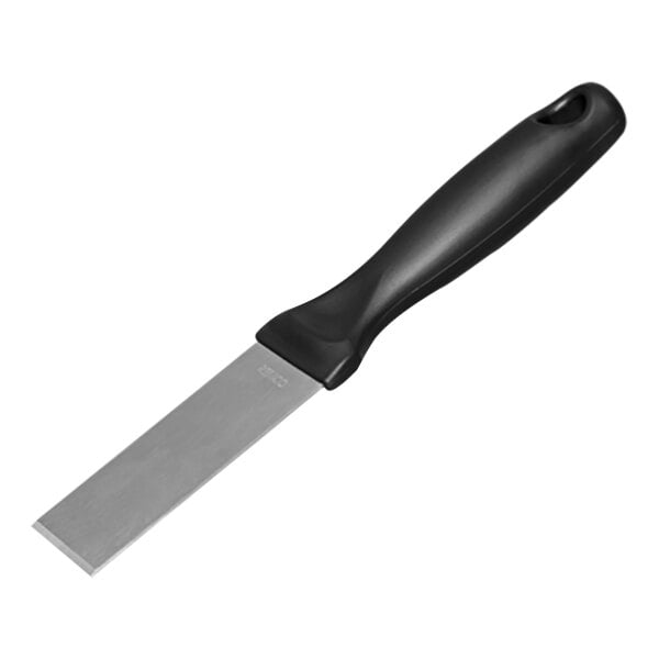 A close-up of a black Remco stainless steel scraper with a metal blade.