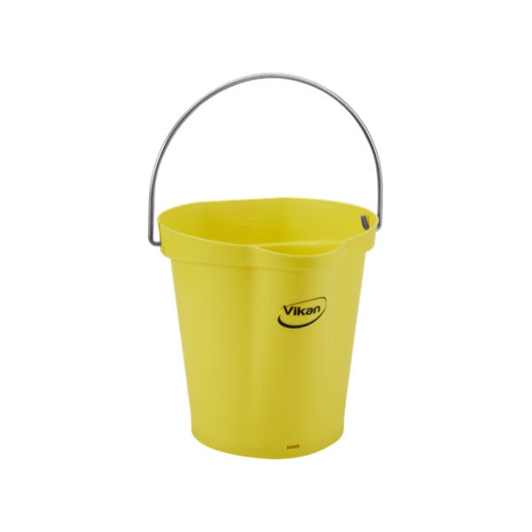 A yellow Vikan bucket with a handle.