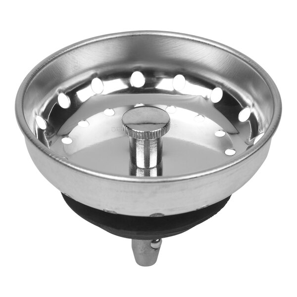 A stainless steel Dearborn sink strainer with holes.