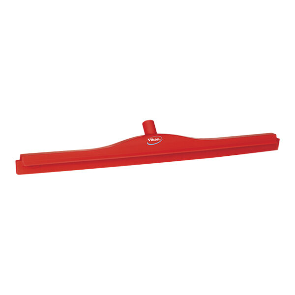 A red plastic Vikan floor squeegee with a handle.