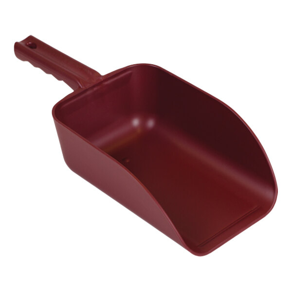 A red plastic Remco hand scoop with a handle.