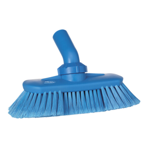 A close-up of a blue Vikan adjustable water fed washing brush head with soft/split bristles.