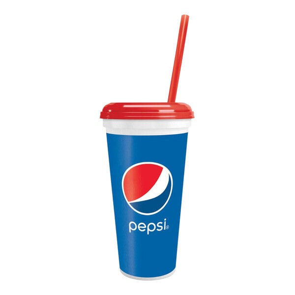 A blue and red 32 oz. plastic Pepsi cup with a straw and a red lid.