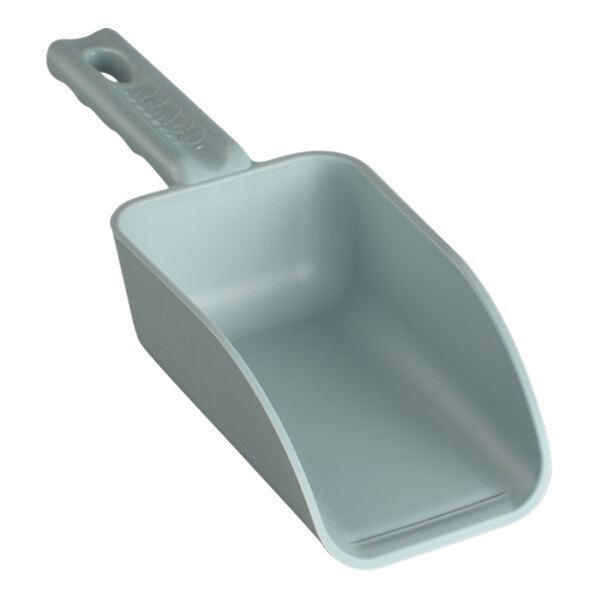 A close-up of a Remco grey plastic hand scoop.
