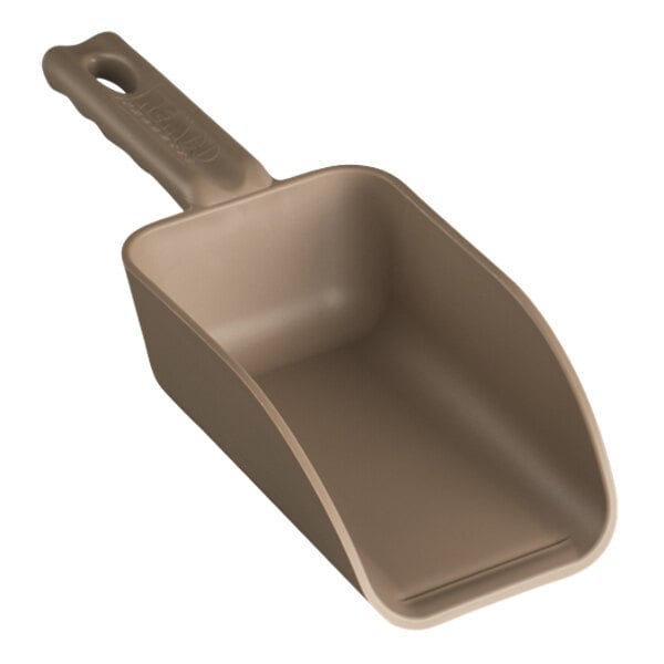 A brown polypropylene hand scoop with a handle.
