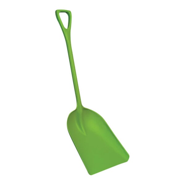 A green Remco polypropylene shovel with a handle.