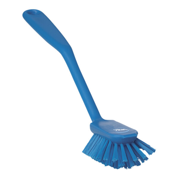 A blue Vikan dish brush with a long handle.