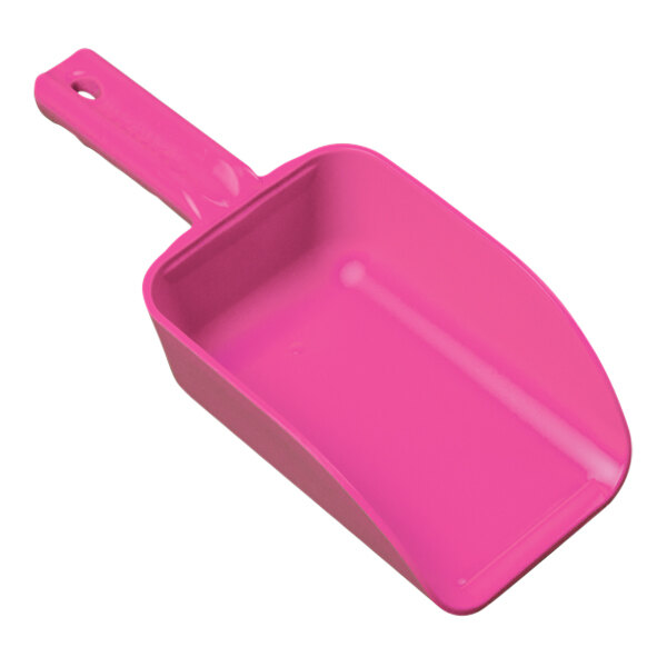 A pink polypropylene hand scoop with a handle.