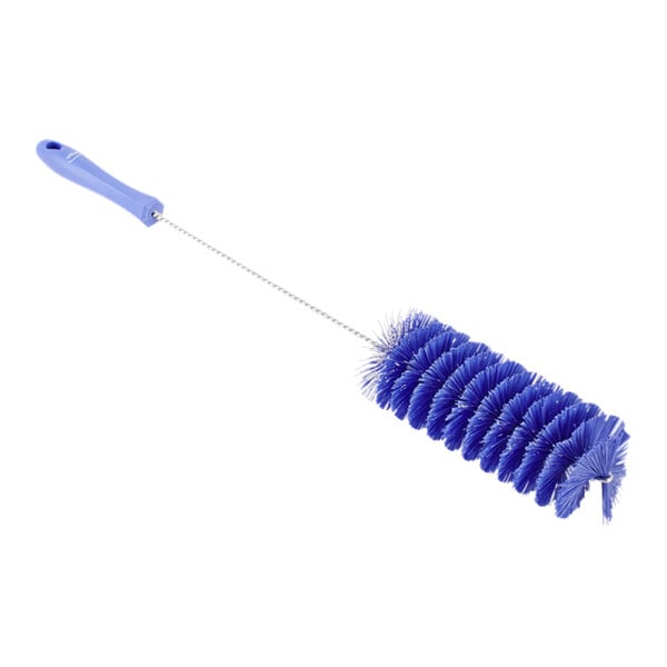 A blue brush with a long handle.