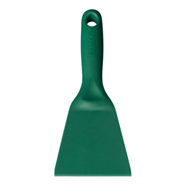 A green metal detectable plastic hand scraper with a handle.