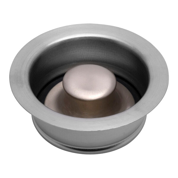 A close-up of a stainless steel garbage disposal flange and stopper with a brushed nickel finish.