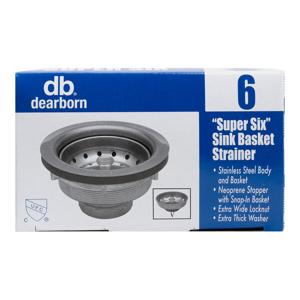 A box of a Dearborn stainless steel sink basket strainer.