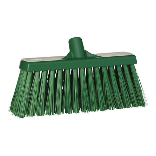 A green Vikan broom head with long bristles.