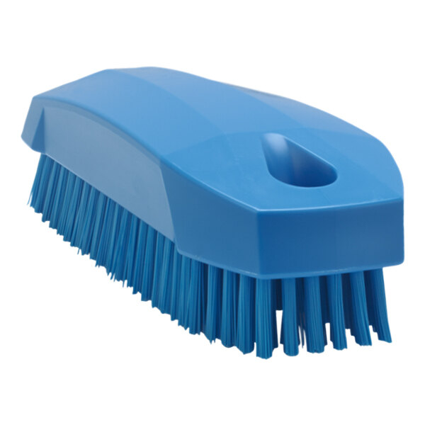 A close-up of a blue Vikan hand brush with stiff bristles and a blue plastic handle.
