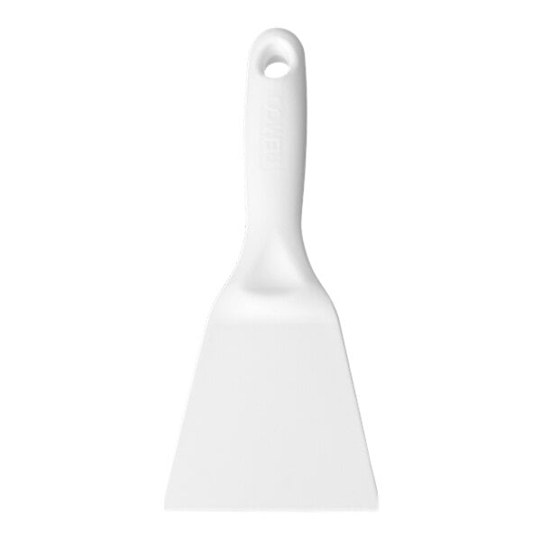 A close-up of a white Remco polypropylene hand scraper with a handle.